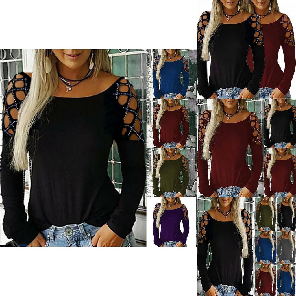 Plain Long Sleeve T Shirt With Hollow Out And Rhinestone Craft For Everyday Style