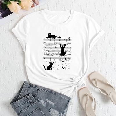 Summer Women's Sheet Music Print Loose Round Neck Casual Pure Cotton Short Sleeved T-shirts Women's