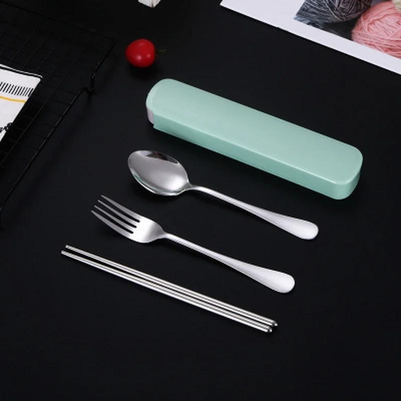 3PCS/Set Portable Travel Tableware Set Stainless Steel Dinnerware With Box Kitchen Fork Spoon Dinner Set For Kid School Cutlery
