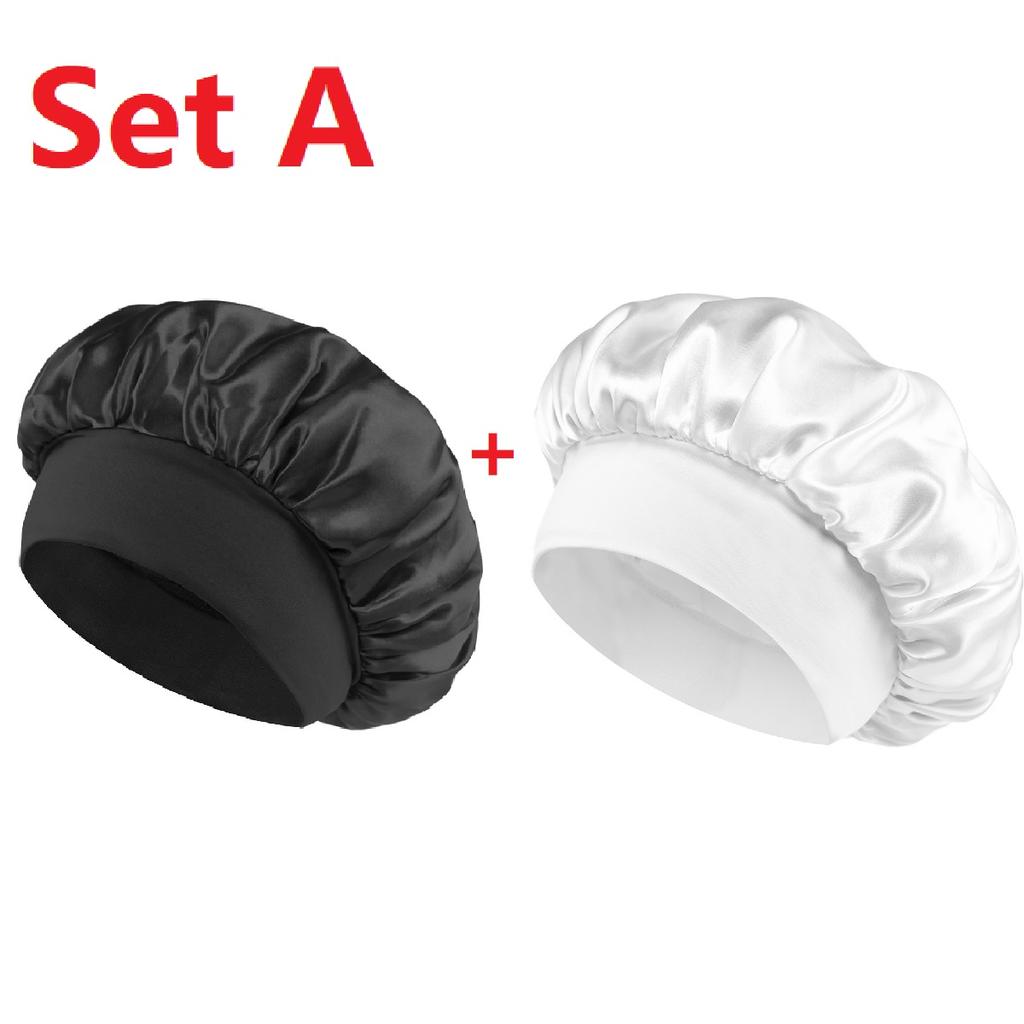 Women's Wide-brimmed Night Sleep Hair Caps Silky Bonnet Nightcap Elastic Headband Satin Head Cover Hat Shower Cap for Curly Hair