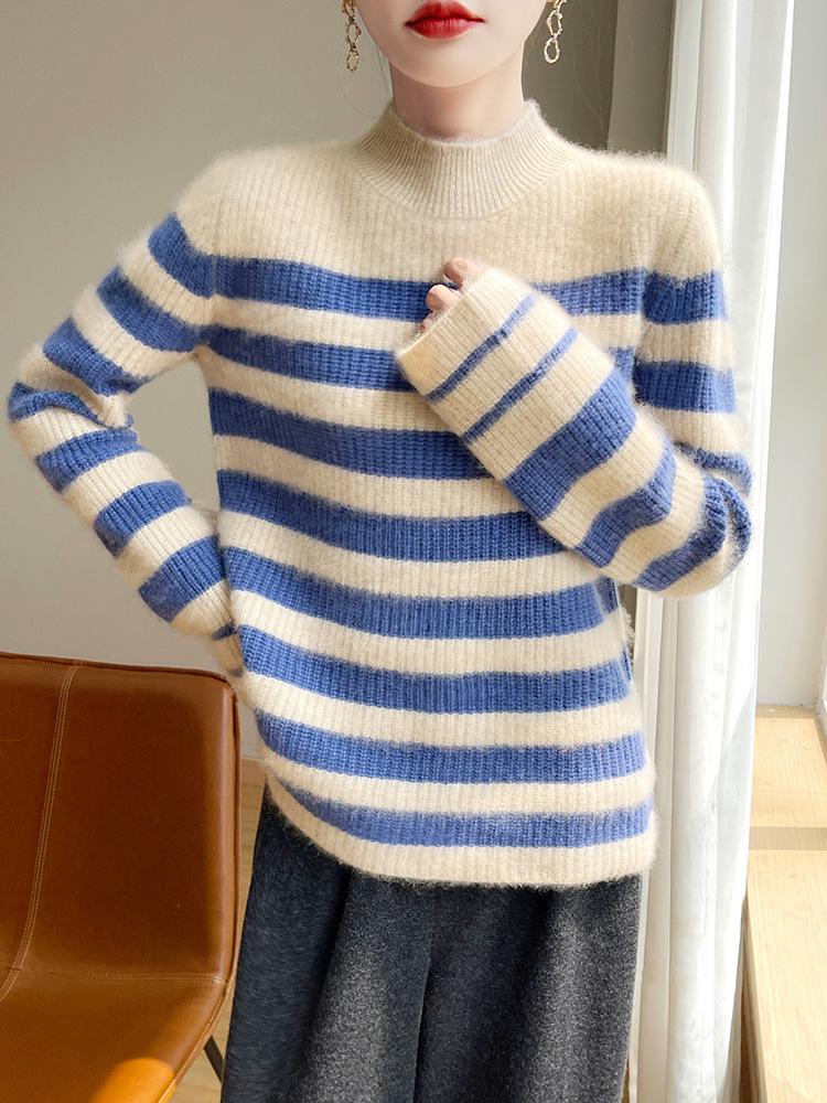 100% Wool Striped Sweater: Thick, Warm, Versatile Knitwear for Autumn/Winter