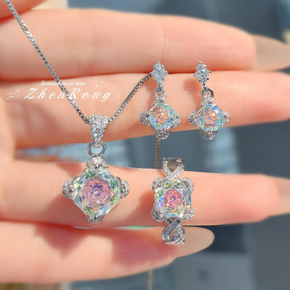 Millennium Rose Cut Paraiba Necklace Pendant Sparkling Diamond Earrings Pink Ring Women Jewelry Set