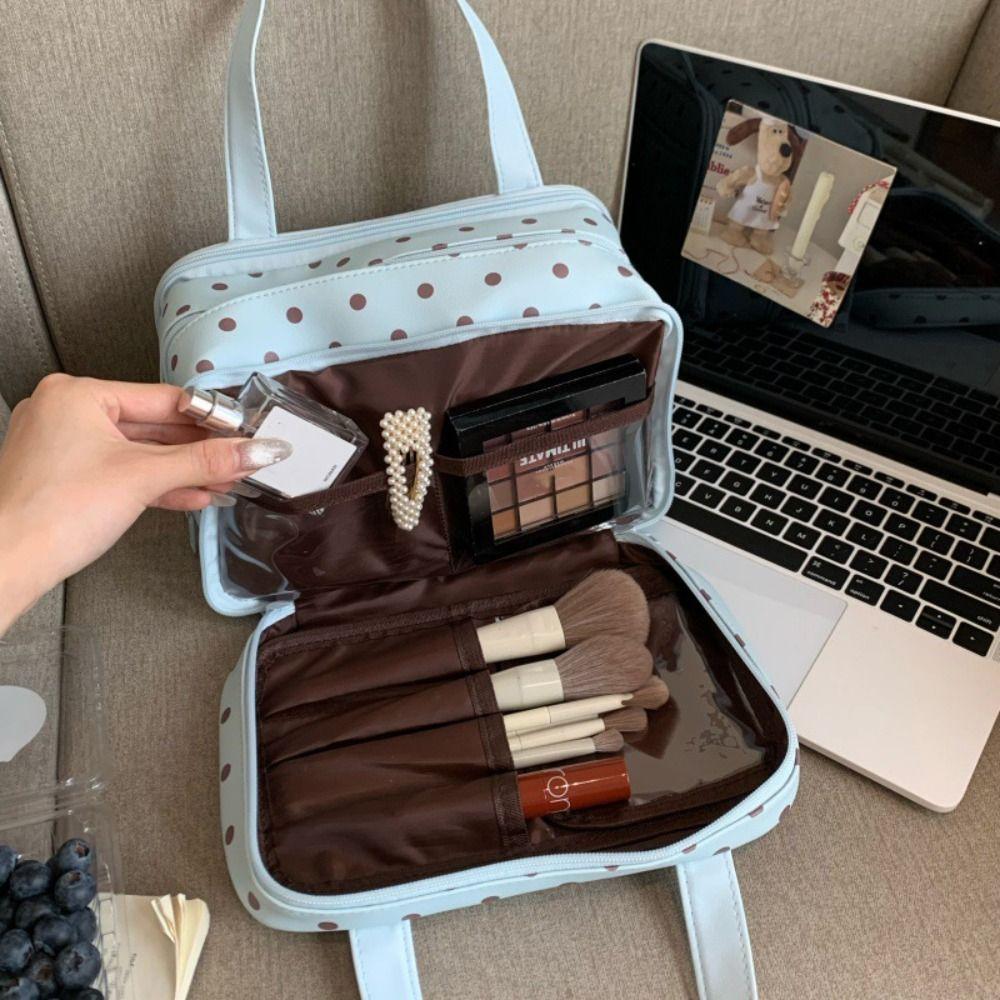 Polka Dot Handheld Makeup Bag Three Layer Partition Multifunctional Pu Cosmetic Bag Large Capacity Waterproof Toiletry Bag