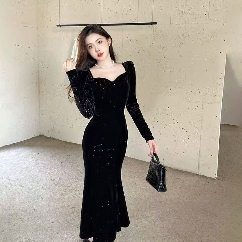 Large Size Women's Clothing High-end Velvet Fishtail Skirt Autumn and Winter Thin Inner Dress
