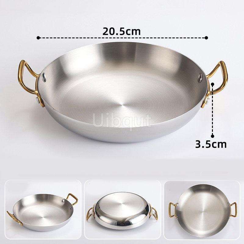 Stainless Steel Spanish Paella Pan Big Double Handle Round Flat Bottom Pan Western Restaurant Fried Chicken Pasta Plate Cookware