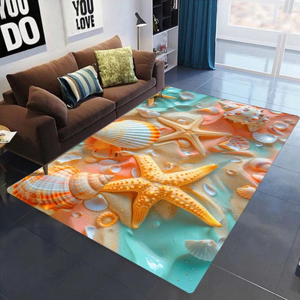 2025 Neuer Seestern Strand Muschel Seestern Sand Teppich Teppich für Wohnzimmer Schlafzimmer Zuhause Sofa Dekoration, Kinder Spielen Rutschfeste Bodenmatte
