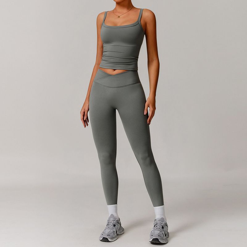 Fashion Nude Feel Brushed Yoga Clothes Suit Women's Big Neckline off-Shoulder Long Sleeves Tight Sports Fitness Pant Belt Chest Pad