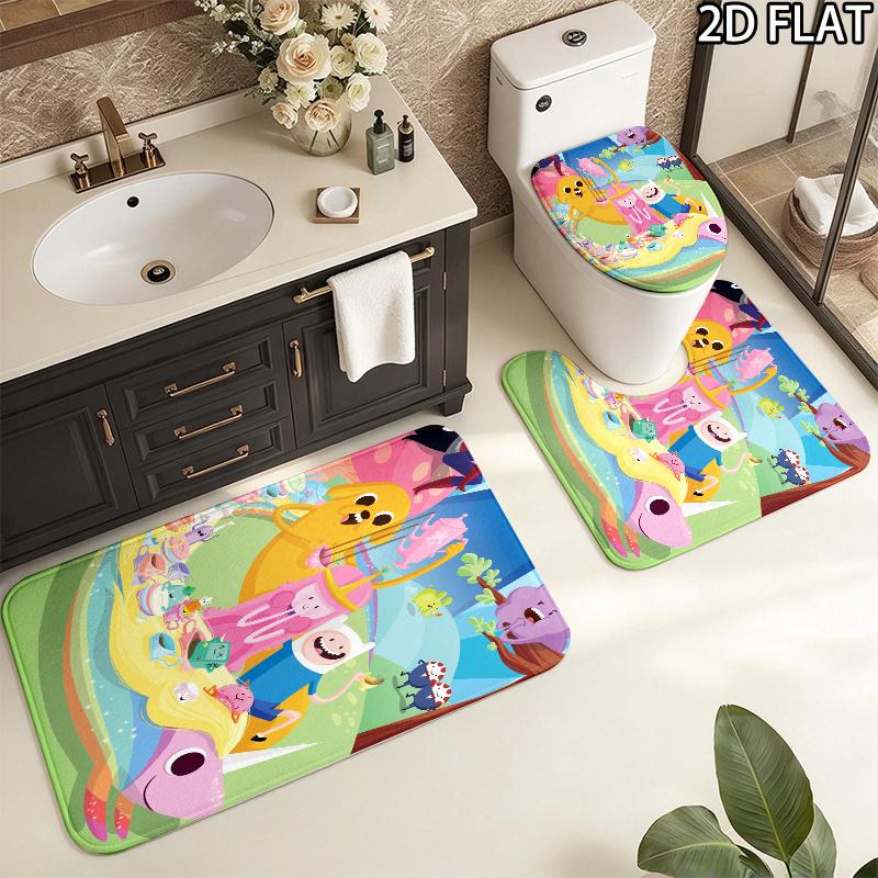 3pcs Adventure Time Pattern Flannel Nonslip Absorbent Washable Decorative Bathroom Home Toilet Seat Cover Mat