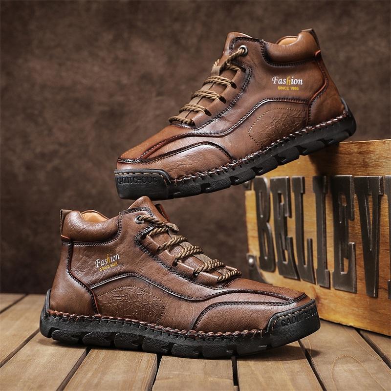 Men's High-top Casual Sneakers Handmade Leather Shoes Plus Size 39-48 Spring & Autumn