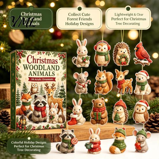 Novelty Holiday Desk Accessories Woodland Animal Advent Calendar, 24-Day Christmas Countdown Set with Forest Room Decorations Critter Ornaments,