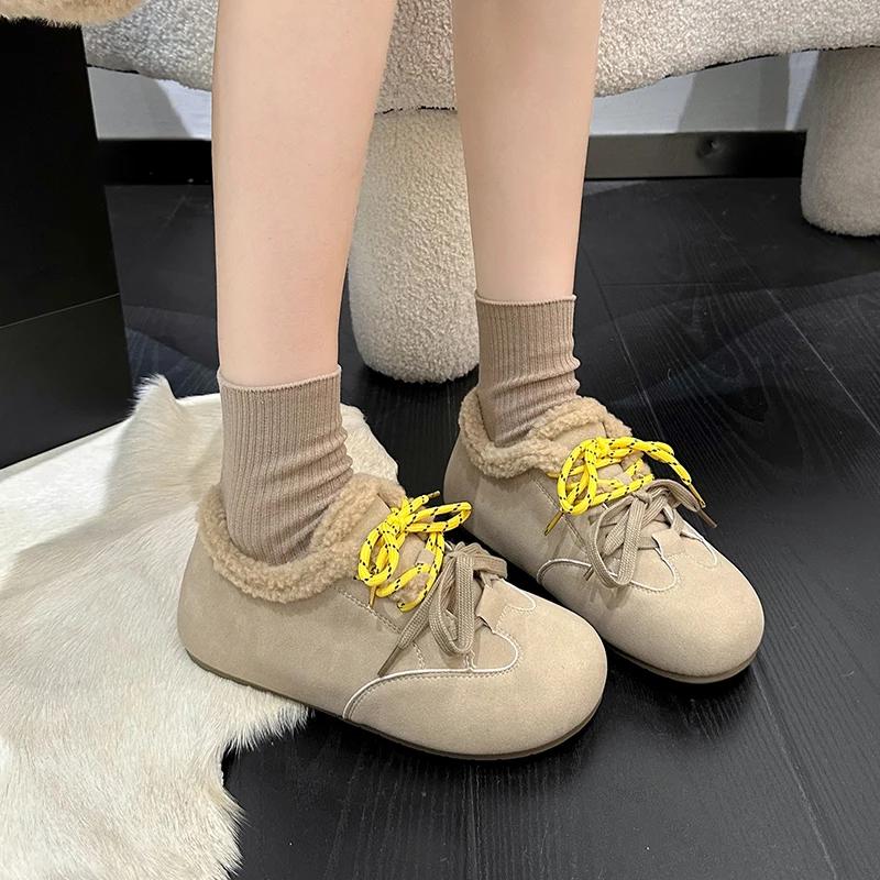 Winter New Flat Shoes Women's Round Head Suede Front Lacing Soft Sole Anti-slip Wear-resistant Short Boots