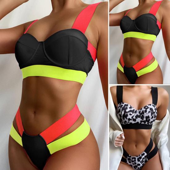 

Пляжный комплект бикини с широкими бретелями и подкладкой на косточках, леопардовый лоскутный комплект, бюстгальтер, бандажный комплект с высокой талией