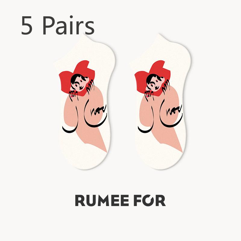 5 Pairs of Women's Summer Thin Shallow Mouth Lovely Breathable Short Boat Socks