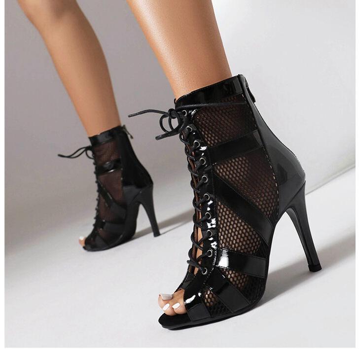 Dames Kant-up Mesh Hoge Hak Jazz Laarzen - Hol Ontwerp en Peep-Toe Dansschoenen, Ook Verkrijgbaar in Grote Maten.