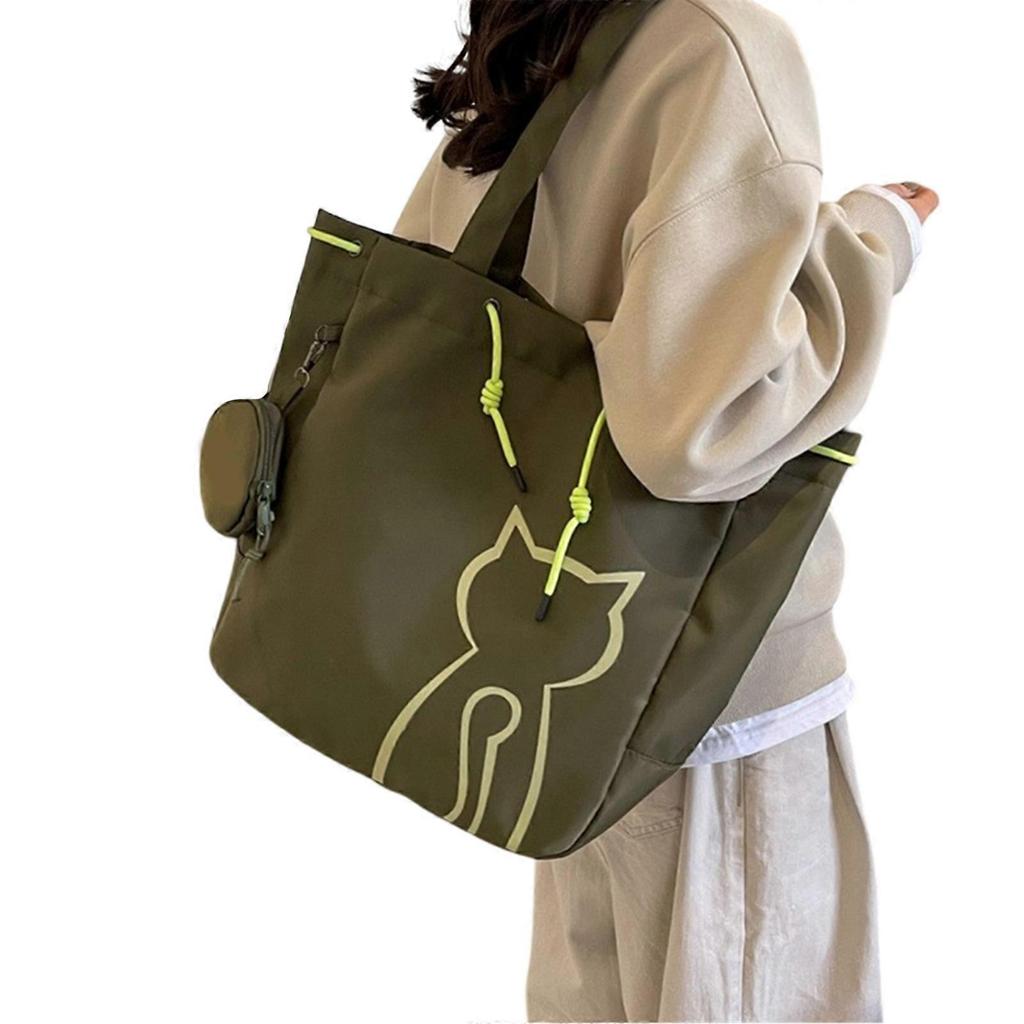 Womens Bag Large Capacity Shoulder Bag Canvas Handbags Cat Print Shopping Bag Student School Bag for Daily Travel Dating Green