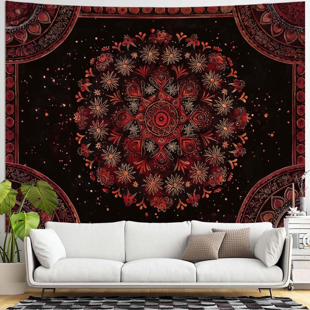 Boho Mandala Tapestry Wall Hanging Hippie Bohemian Floral Flower Medallion Tapestry Aesthetic Large Vintage Black Red Indian