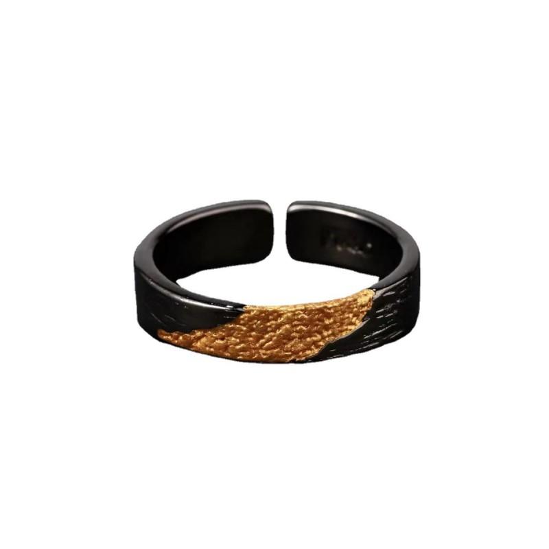 Unisex Adjustable Open Ring With Black Gold Flame Motif Geometric Design Vintage Minimalist Statement Jewelry