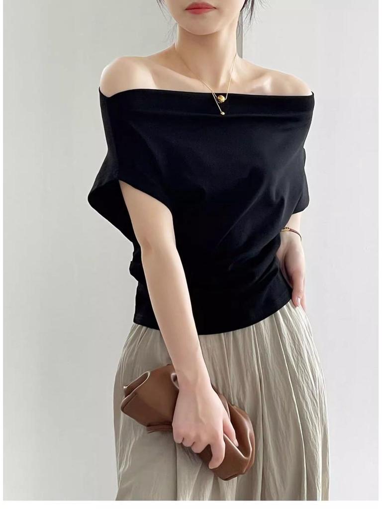 Damen Sommer Asymmetrisches Off-Shoulder Wasserfallkragen Modals Baumwoll T-Shirt
