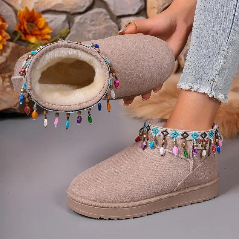 Fashion Winter Cotton Shoes for Women 2024 New Bohemian Style Colorful Beaded Design Fashionable lager size Women's Boots Botas De Mujer