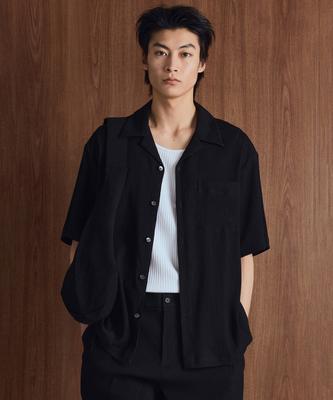 Tienjiti Kinoshita Seersucker Open Collar Shirt (Black) Tnsh6E201Bk