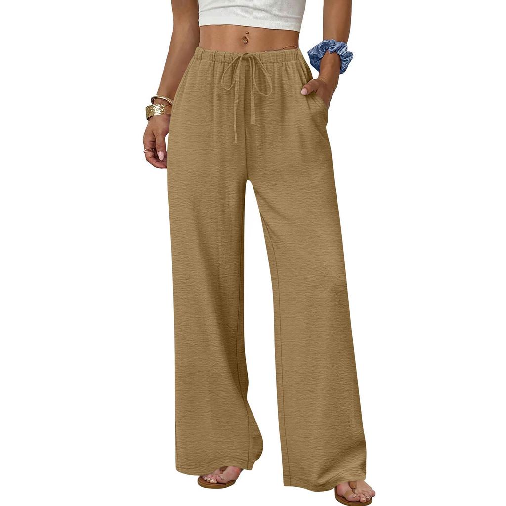 Women's Fashion Wide-Leg Trousers With Drawstring Elastic Waistband And Pockets Relaxed-Fit Casual Trousers