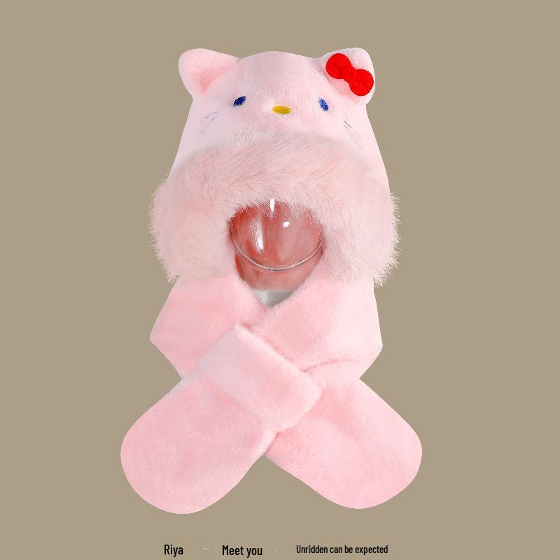 Women's Cozy Fox Ear Plush Hat with Integrated Scarf - Warm, Soft Lei Feng Design for Autumn and Winter. Perfect Ear Protection for Students.