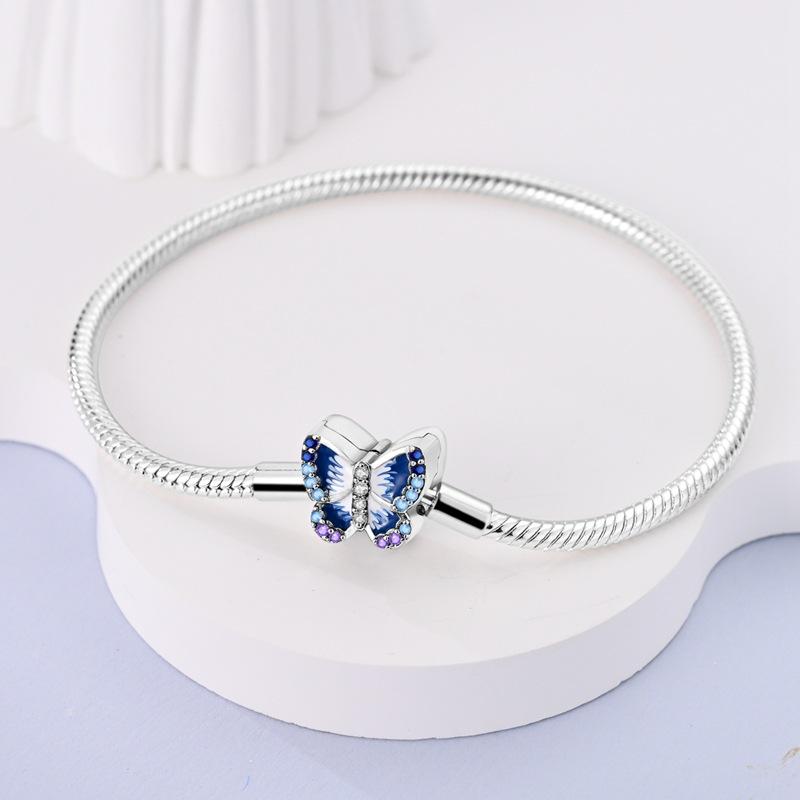 Heart Shaped Zircon Butterfly Base Bangle Single Wear Copper Silver Plated Colorful Snake Bone Bracelet