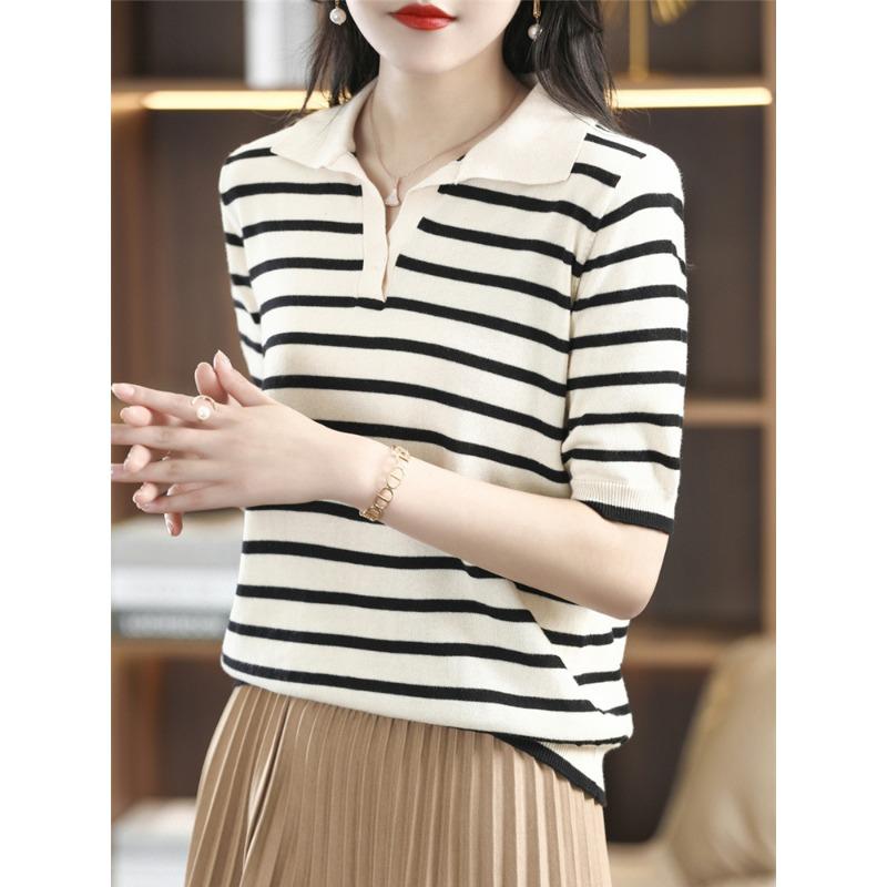 

Хлопковая футболка-поло с коротким рукавом для женщин на лето, новая, свободная, облегающая, свитер в милом стиле, короткий модный топ M бежевый