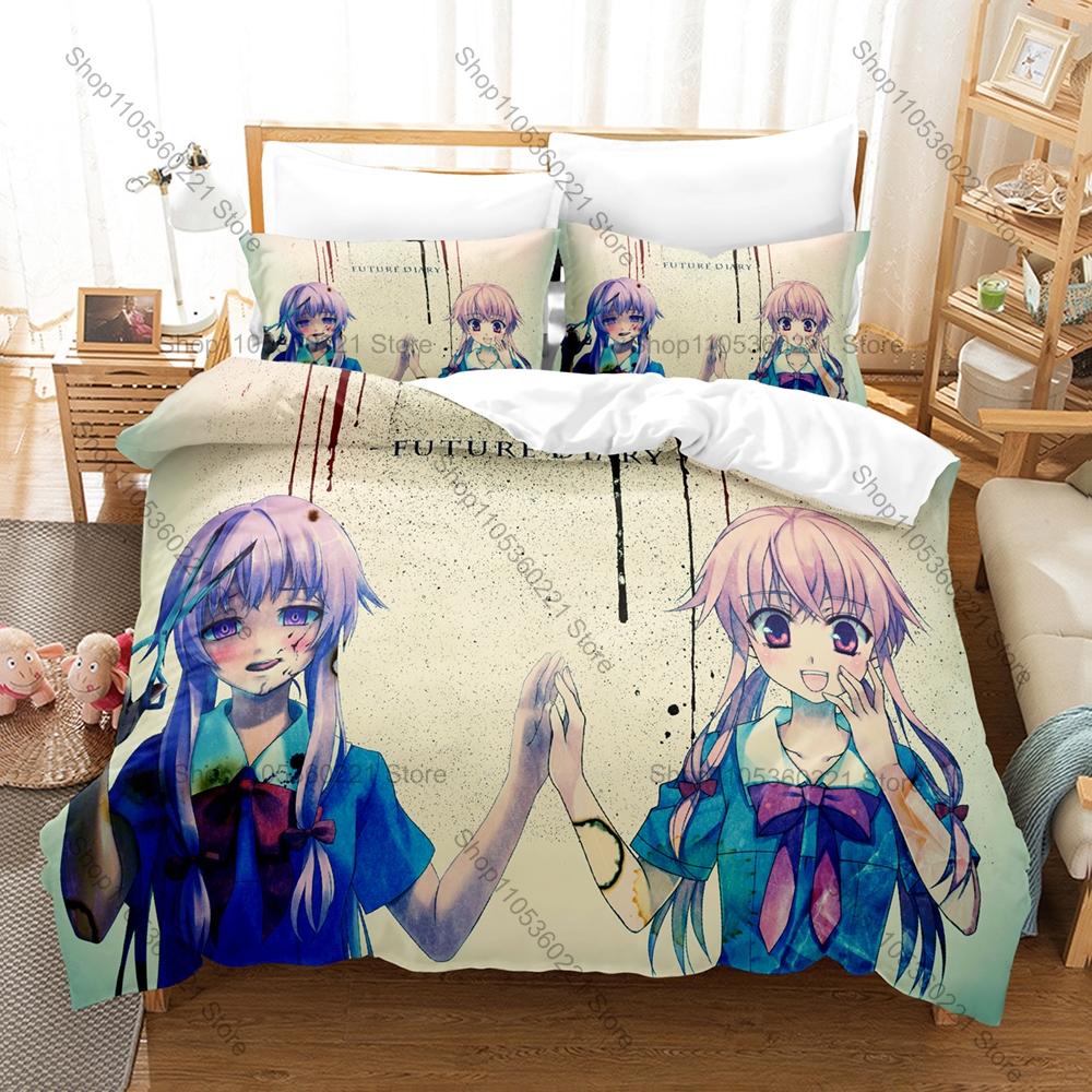 Cool Mirai Nikki Yuno Gasai Bedding Set 3 Piece Breathable Duvet Cover Set for Kpop Fans Gift Bedroom Decoration
