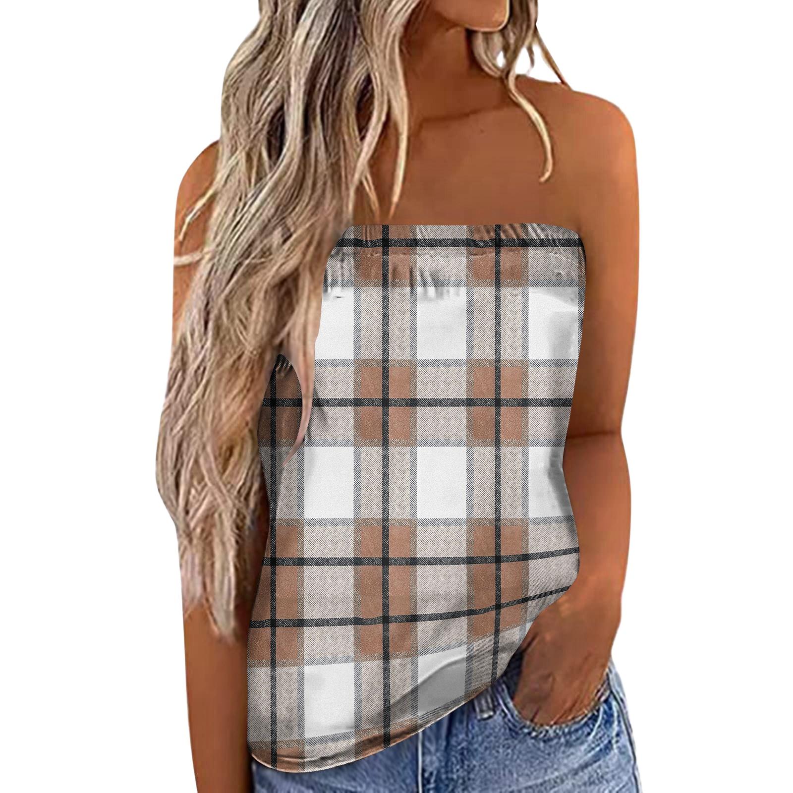 Women s Summer Sexy Strapless Off-Shoulder Elastic Band Plaid Print Top L коричневый