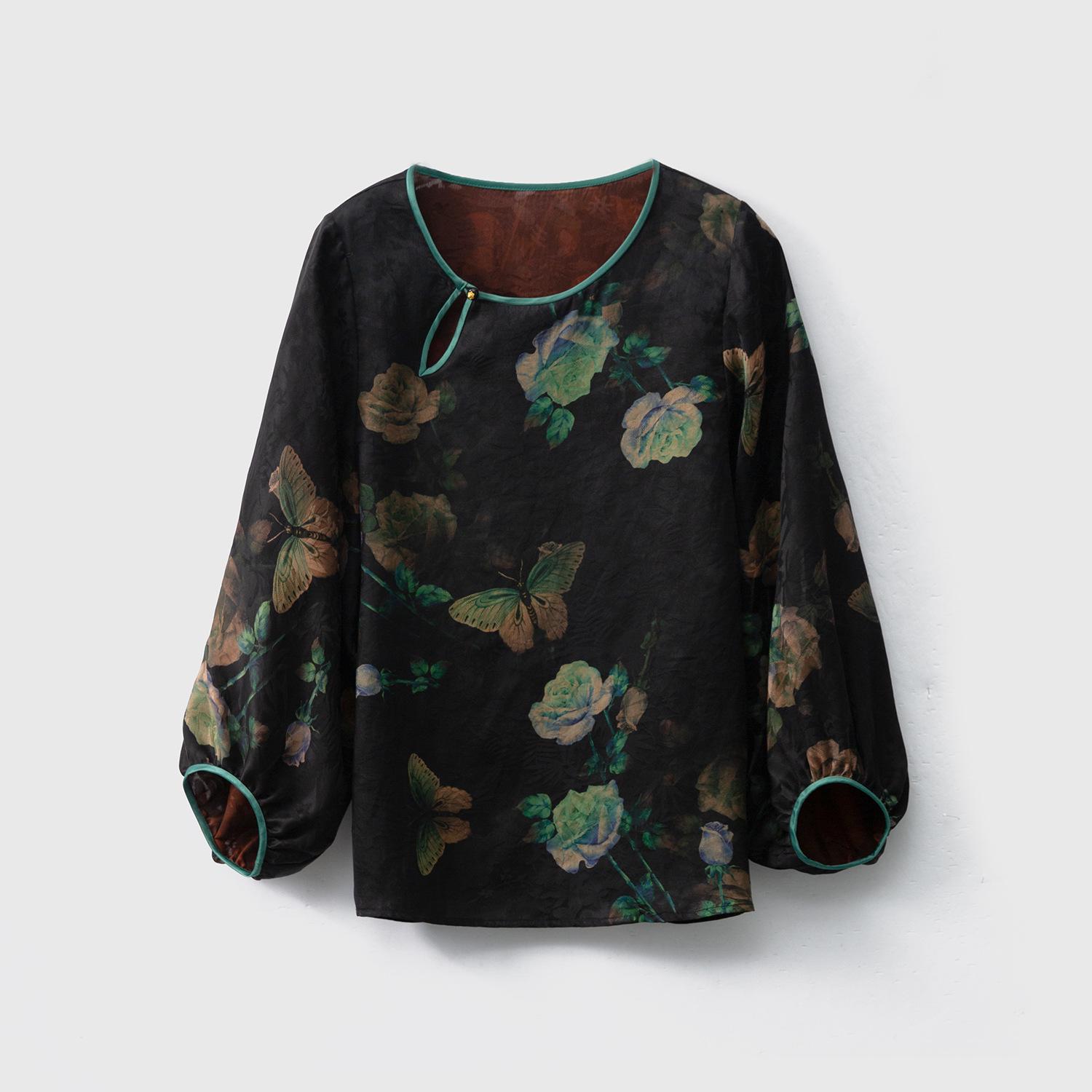 

Жаккардовый топ из 100% шелка тутового шелкопряда с рукавами-фонариками с закруткой, новый китайский круглый вырез для ранней осени 2XL