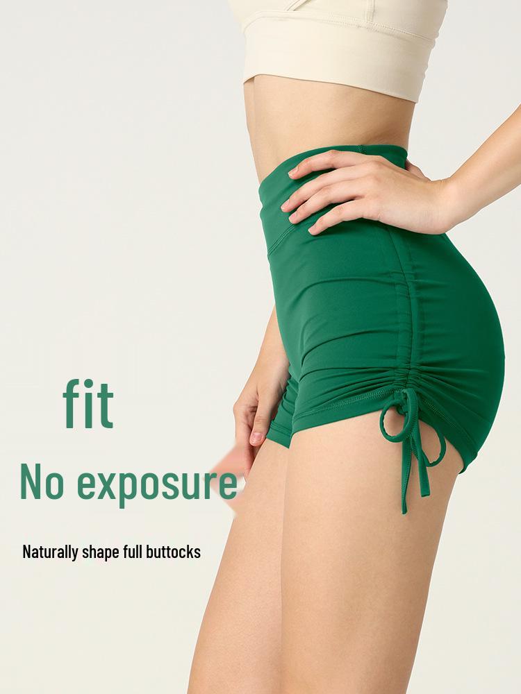 Hot Style Ruched Peach Yoga Shorts - Tight, Drawstring, No T-Line, Three-Point Design