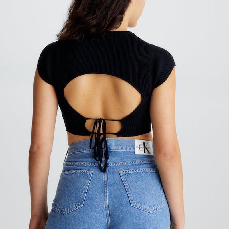 Calvin Klein Logo Print Back Hollow Round Neck Short Sleeve Knit Women T-Shirts Black J20J220709-BEH