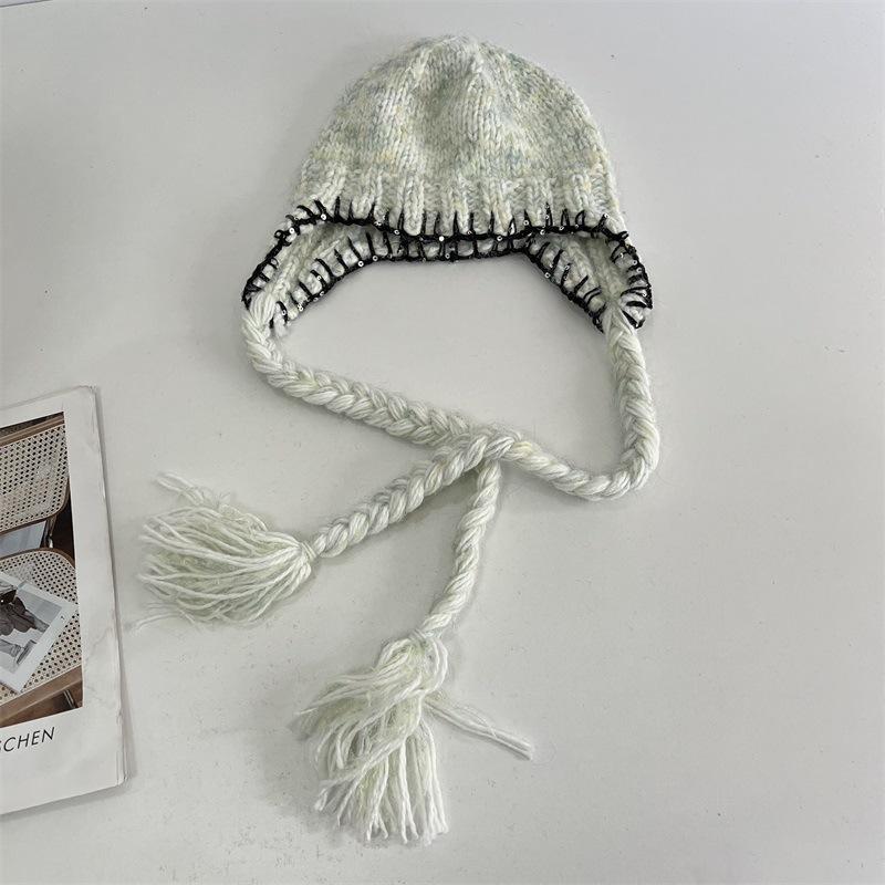 

Niche design handmade thick braided knitted wool hat women s autumn and winter thickened warm sequins contrasting color baotou hat M（56-58cm） бордовий