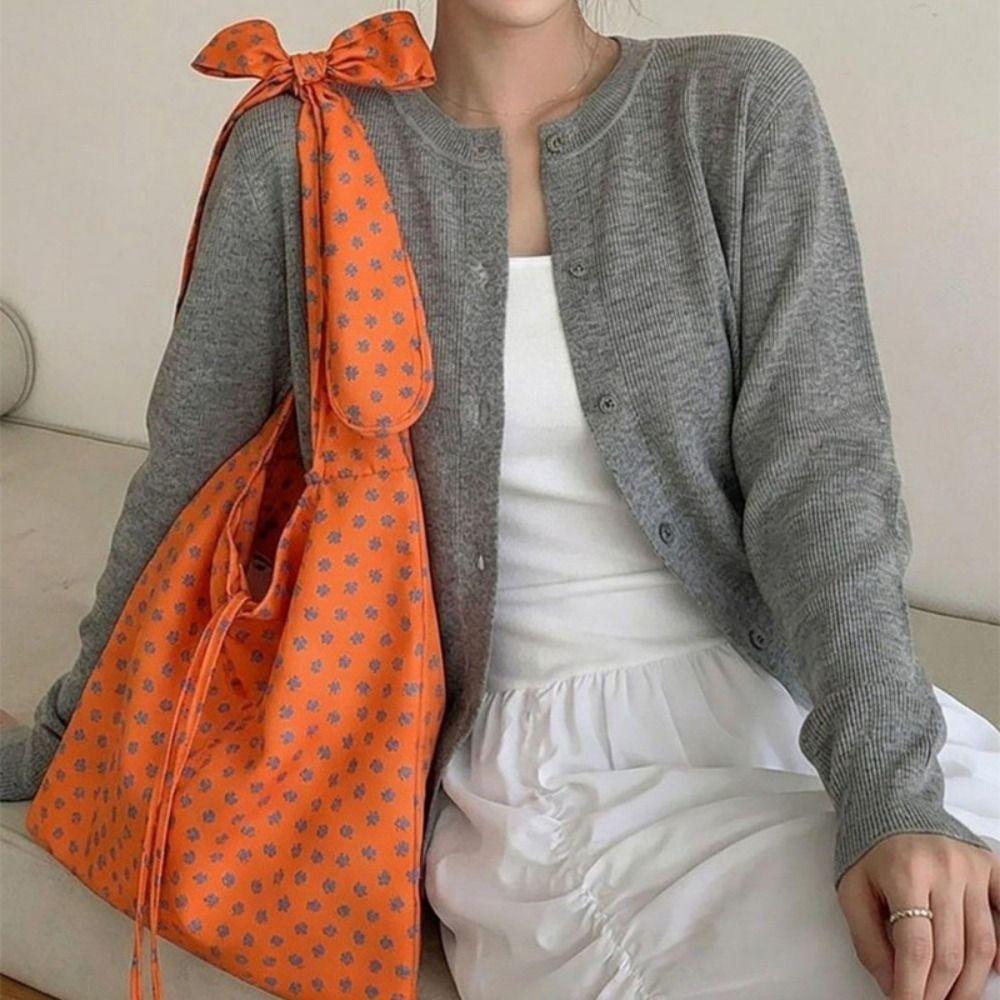 Prined Floral Pattern Canvas Bag Lightweight Handbags Fashion Tie Bow Shoulder Bag  Outdoor