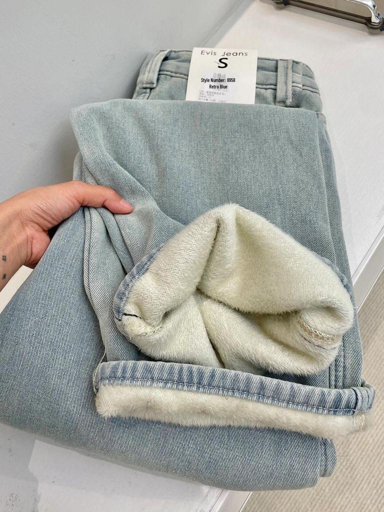 Ladies' Light Blue High Waist Plus Velvet Jeans - Warm, Straight Leg, Loose, Slimming, Versatile, Narrow to Wide Fit