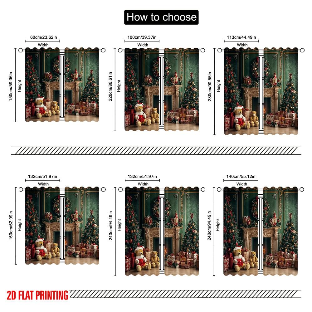 2pcs 2D flat printing High-Quality Christmas Curtains Luxurious retro fireplace and warm walls Digital Printed Polyester Drapes