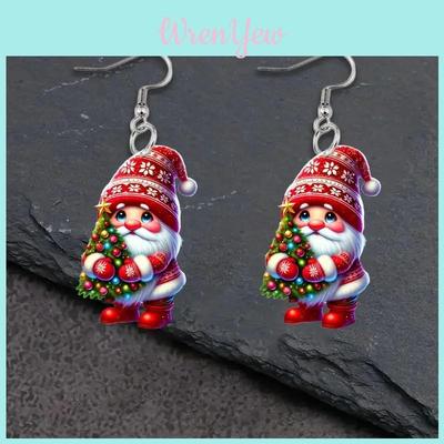 Christmas Themed Santa Claus Holding Tree Pattern Women Acrylic Earrings For Seasonal Party Accessories
