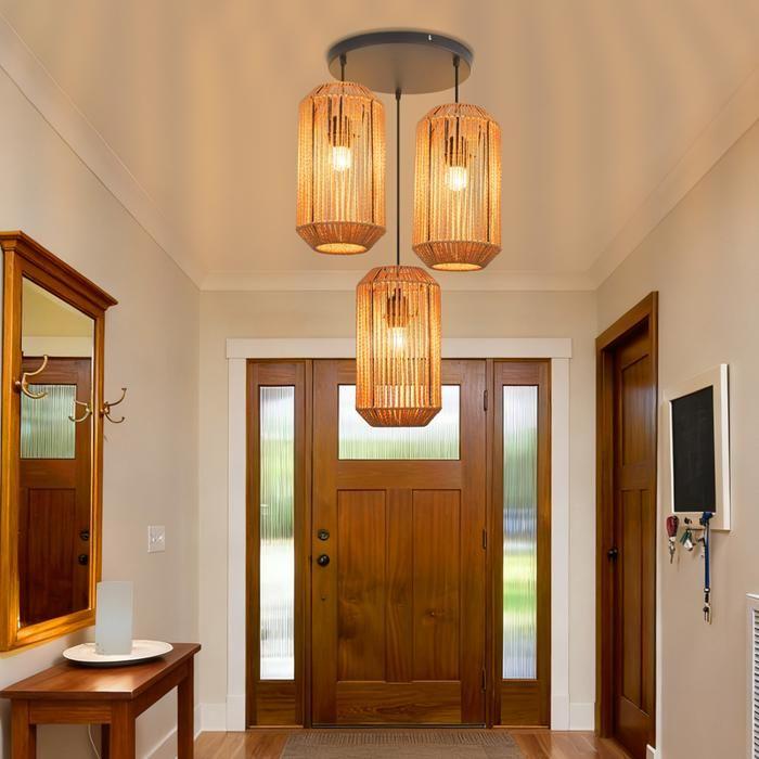 Lampe suspension rotin naturel NETTLIFE 3 lumières, Design bohème chic métal noir, Long, Luminaire E27 pour salle à manger salon