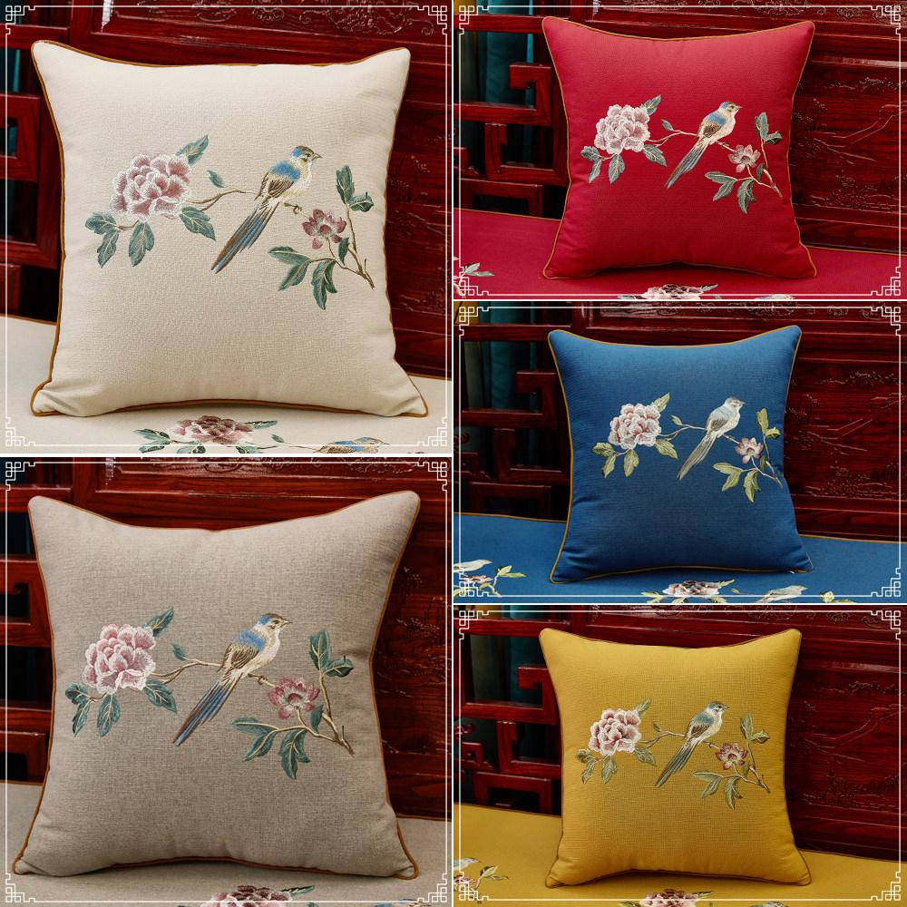 New Chinese-style Redwood Sofa Throw Pillow Cotton and Linen Headboard Soft Cushion Embroidery Large Cushion Cover