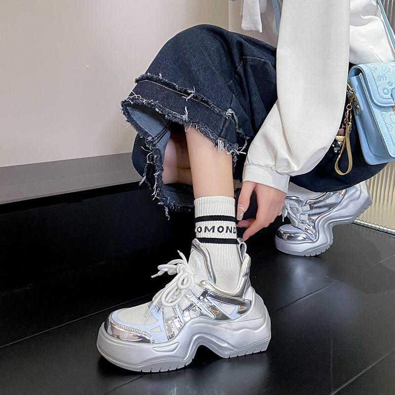 Fashion Women Silver Sneakers Lace Up Platform Brand High Quality Casual Sports Thick Bottom Shoes Outdoor Running Tennis Shoes 35-40