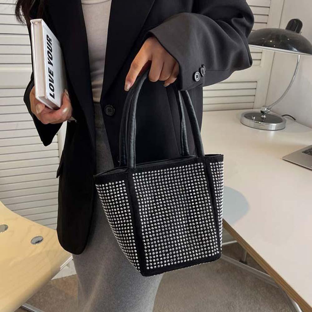 PU Sparkling Square Bag Classical Bucket Handbag Simple Bright Rhinestone Shoulder Bag Outdoor