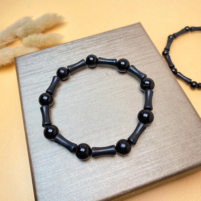 

S925 Silver Black Agate & Olive Jade Bamboo Elastic Bracelet - Unisex Chinese Minimalist Style 16cm