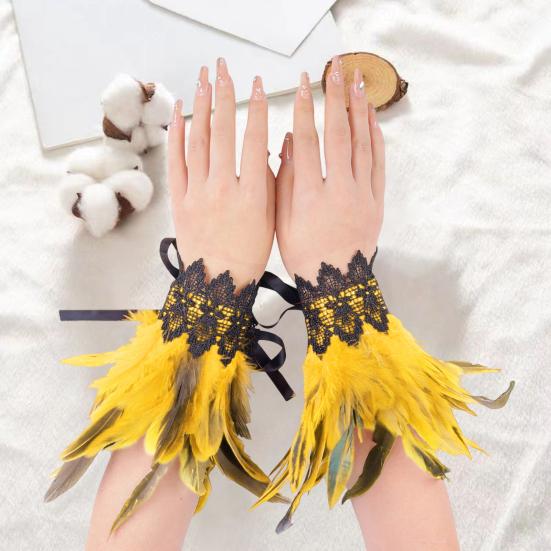 1 Pair Gothic Feather Wrist Cuff Gloves Feather Lace-Up Ribbons Halloween Party