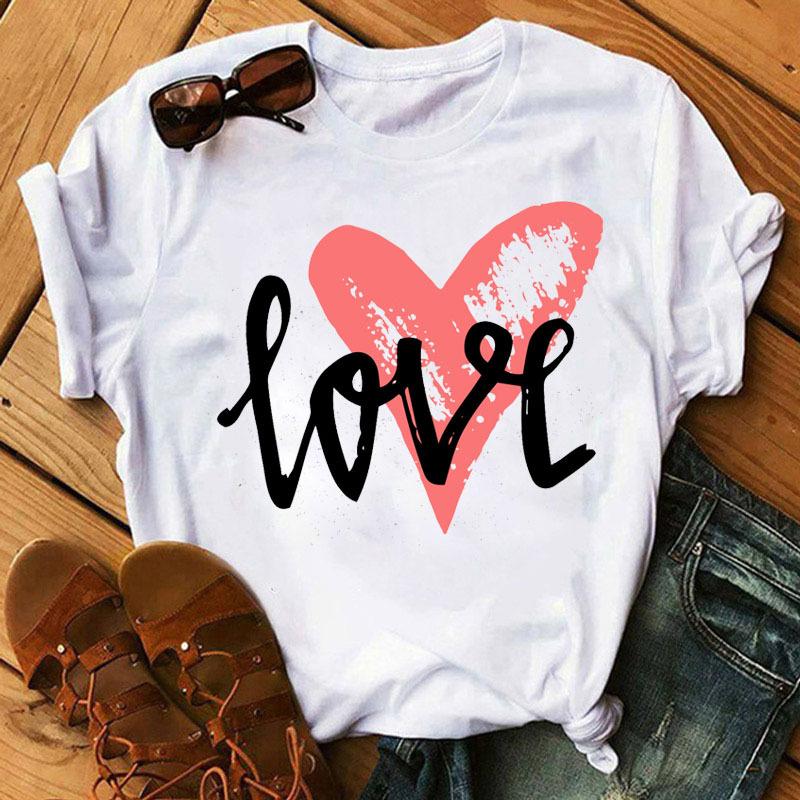 Summer Love Love Printed Fashion Cartoon White Loose Round Neck Pure Cotton Short Sleeved Top T-Shirts Women’s