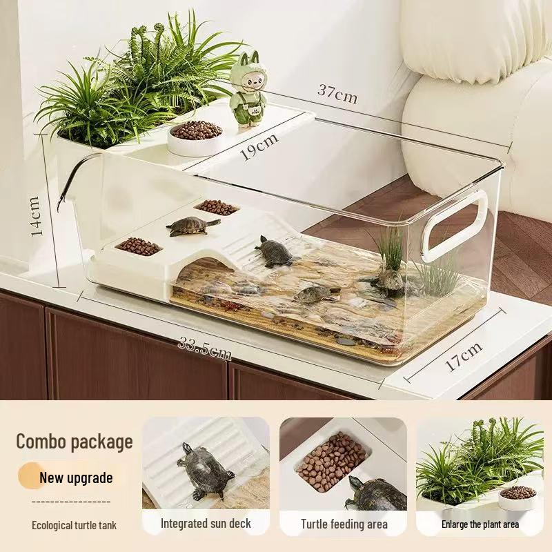 Kompaktowe akwarium hodowlane dla żółwi do domu i biura z ekologicznym krajobrazem i miejscem do wygrzewania się