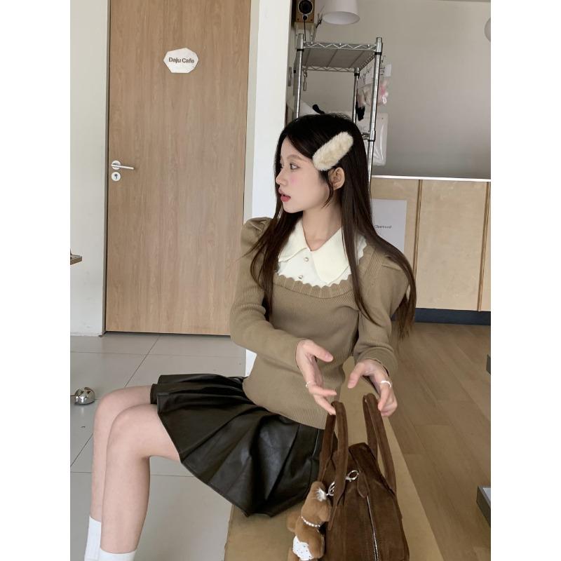 Baby-Puppenkragen Kontrastfarbe Pullover Frühling Damen Fake Zweiteiler Gespleißt Puffärmel Unterhemd Schickes Oberteil