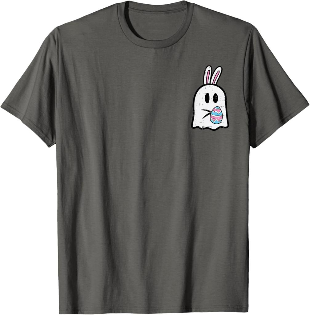 Easter Ghost Bunny Pocket Funny Egg Graphic Tee Soft Cotton Casual T-Shirt for Men Women