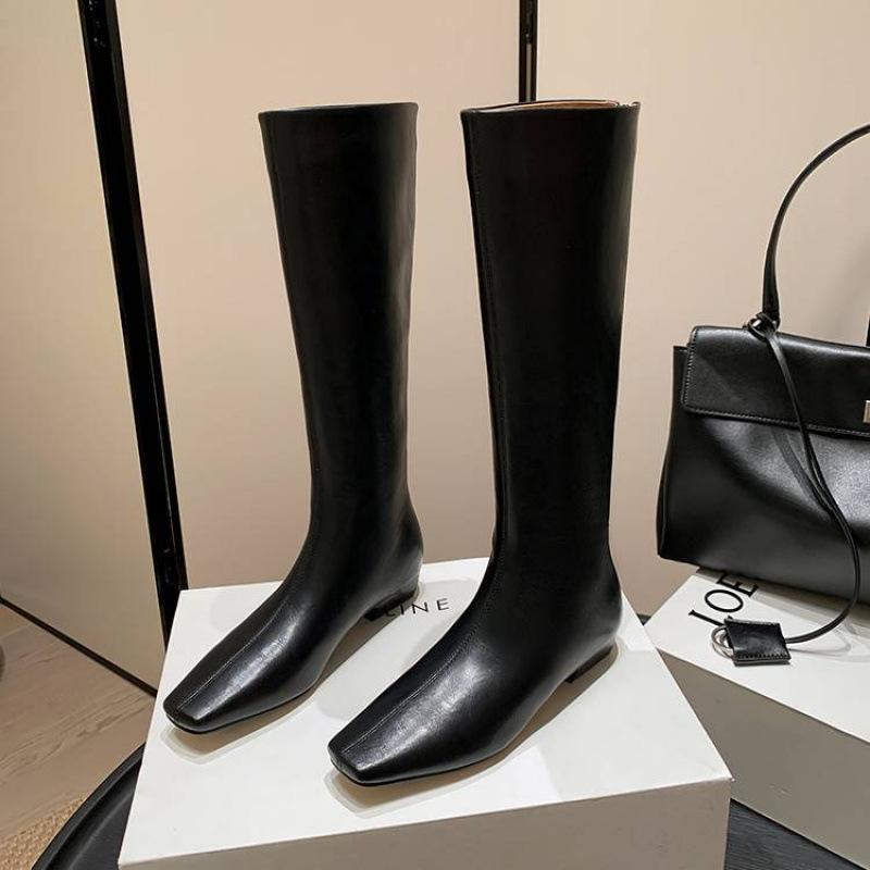 New women's leather boots cowhide high boots medium heel versatile square head zipper autumn and winter genuine leather rubber sole Martin boots