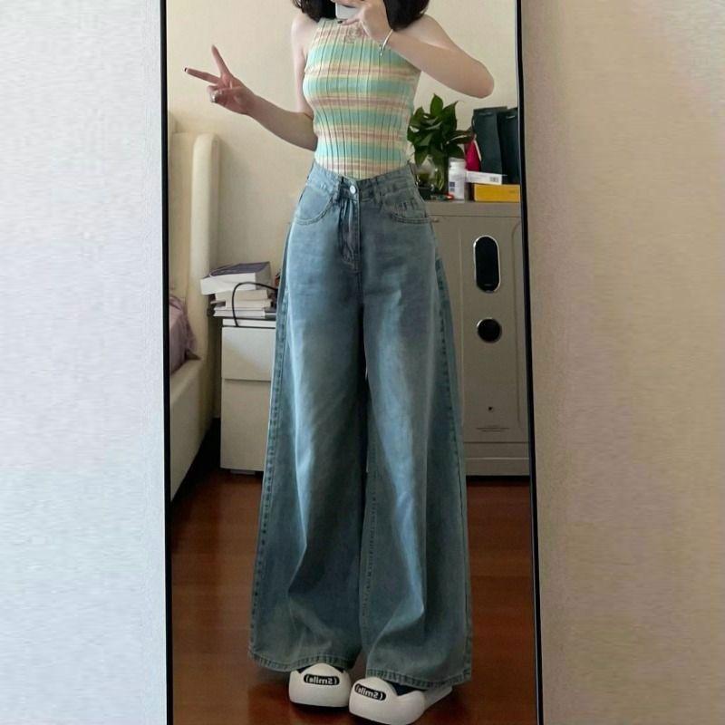 

Сотни Прямых Джинсов Женские Летние С высокой посадкой Узкие Широкие брюки Свободные Драпирующиеся Волочащиеся по земле брюки Ретро Мешковатые Длинные джинсы для леди 4XL